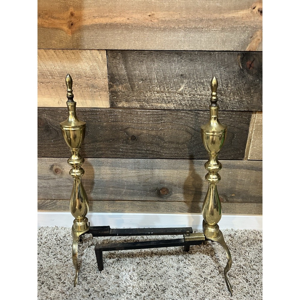 Vintage Brass Andirons Fire Dogs for Fireplace 18.5" x 16" Cast Iron Colonial